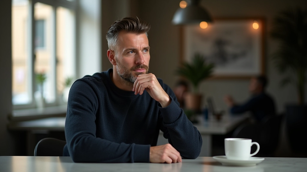 Person sidder alene ved kaffebord, ser på notesbog med tankefuldt udtryk, dagslys fra vindue
