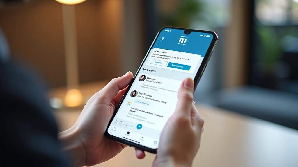 Smartphone viser LinkedIn-feed med professionelle opdateringer og netværksforbindelser