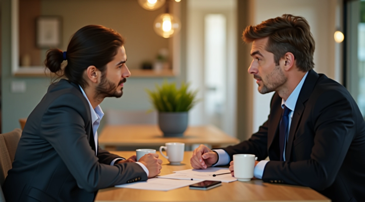 To professionelle personer sidder ved et bord og har en dybdegående samtale
