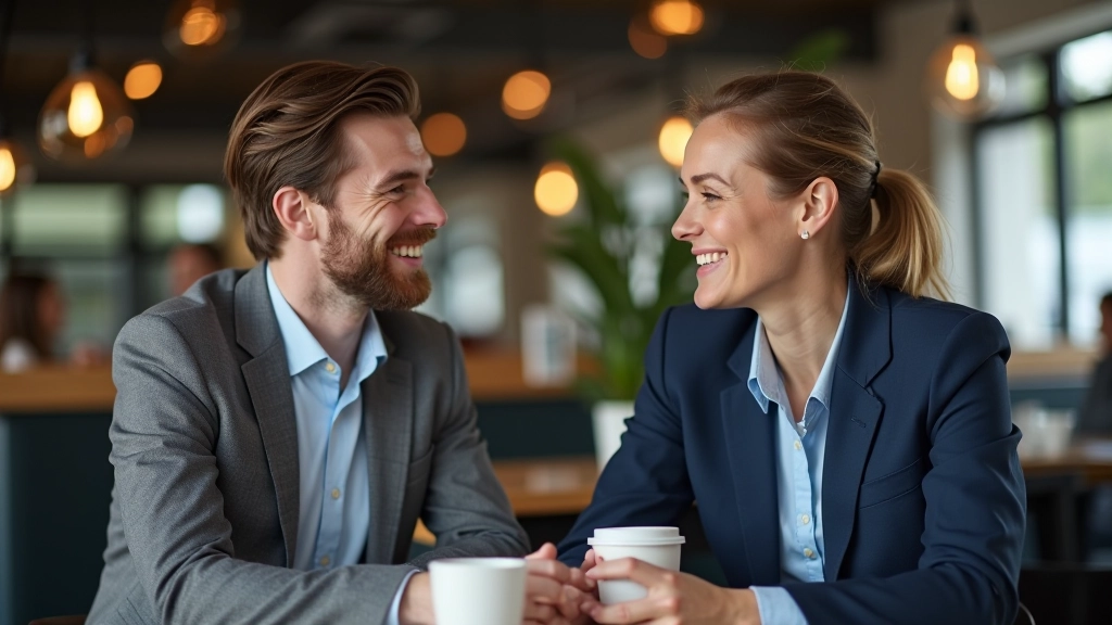 To personer sidder ved kaffebord, smiler og gestukulerer under engageret samtale